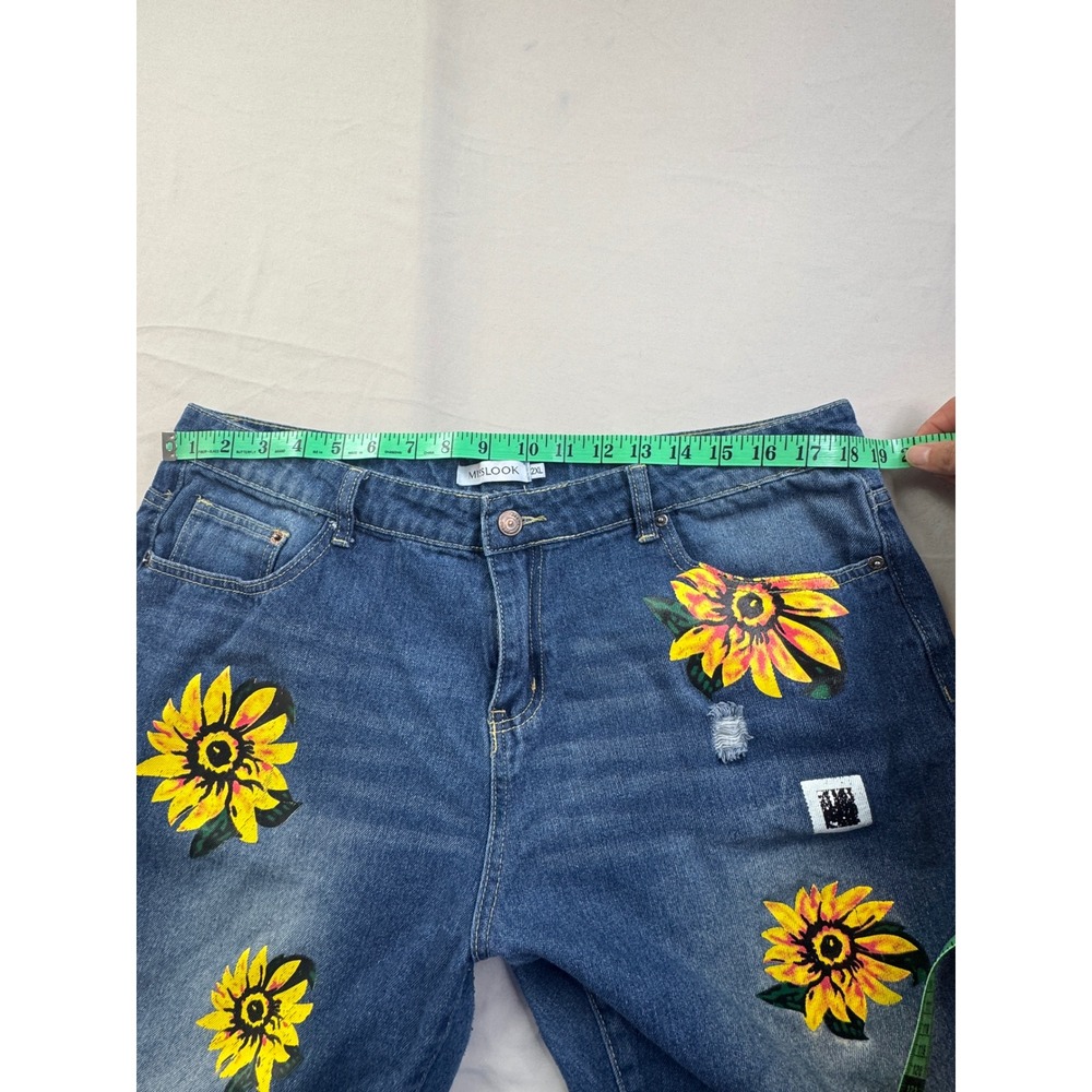 Misslook Sunflower Print Distressed Straight Leg Denim Jeans Blue 2XL boho art - Picture 10 of 14